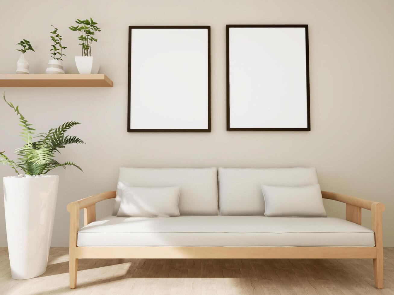 Mock up of poster frame in wooden floor modern interior in living room with some trees isolated on light background, 3D render, 3D illustration photo