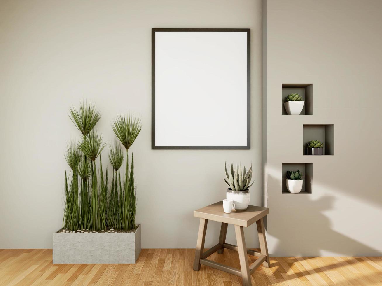 Mock up of poster frame in wooden floor modern interior in living room with some trees isolated on light background, 3D render, 3D illustration photo