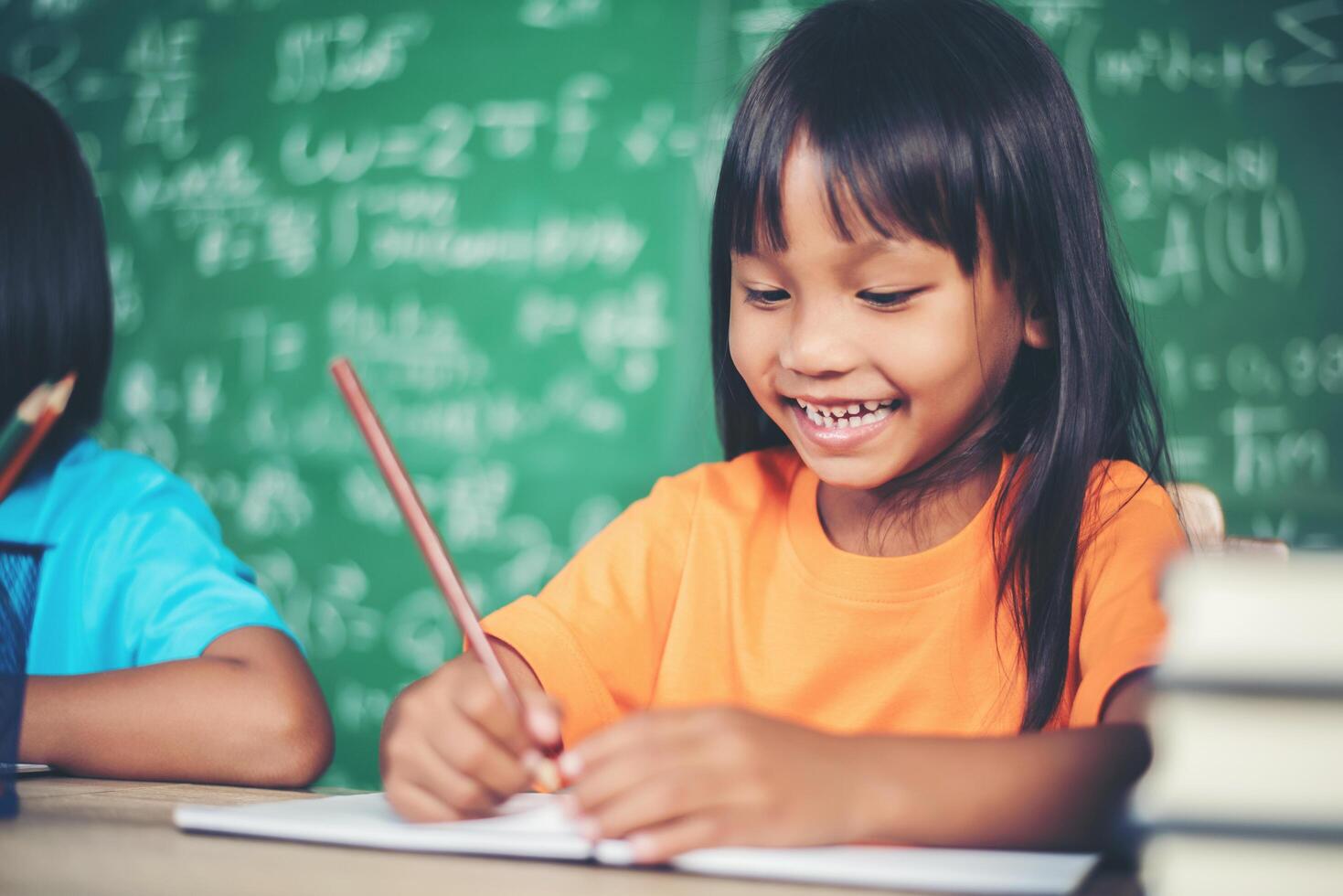 Two girl with crayon drawing at lesson in the classroom photo