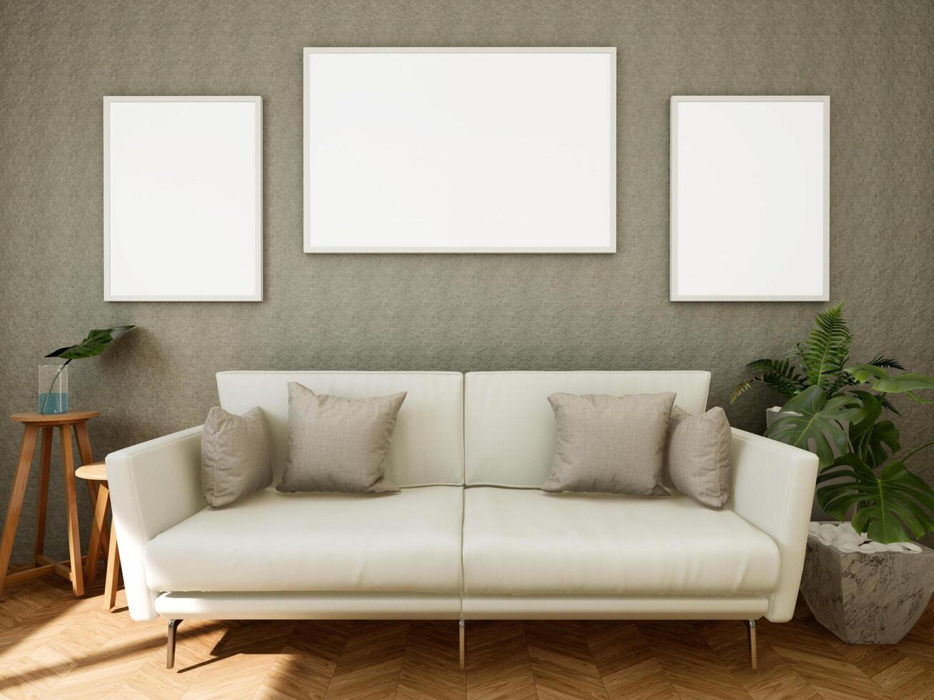 Mock up of poster frame in wooden floor modern interior in living room with some trees isolated on light background, 3D render, 3D illustration photo