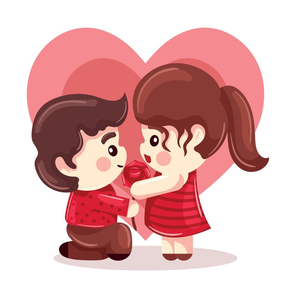 novio declarando su amor con una rosa a su novia en San Valentín con fondo  de corazón de estilo de dibujos animados 5451692 Vector en Vecteezy