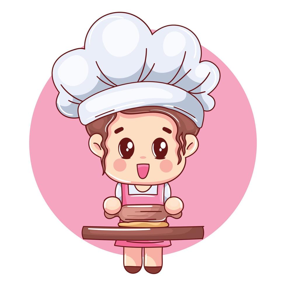 cartoon baker girl preparing dough on small wooden table vector