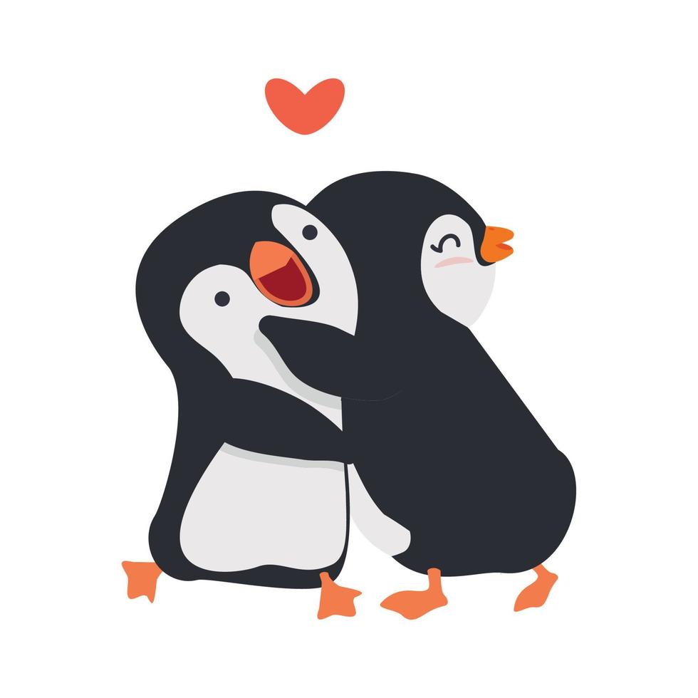 linda pareja de pingüinos se abraza con el corazón vector