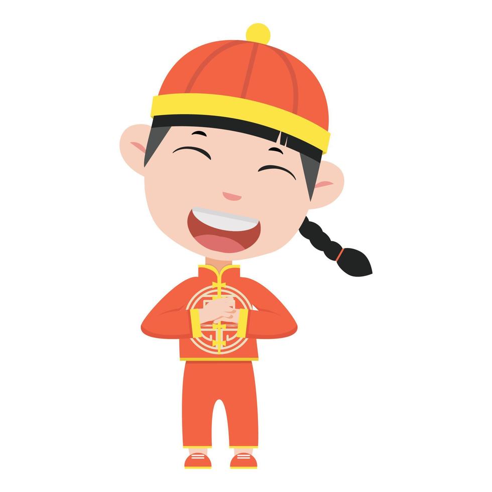 Chinese cute boy cartoon greeting pose vector
