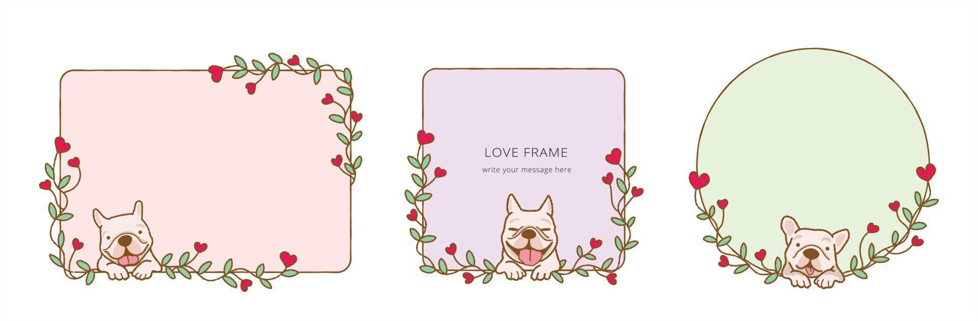 Frame with  Cartoon French Bulldog dog holding red rose flower in mouth, Lovely dog in love on valentines day gives gift illustration Frame vector