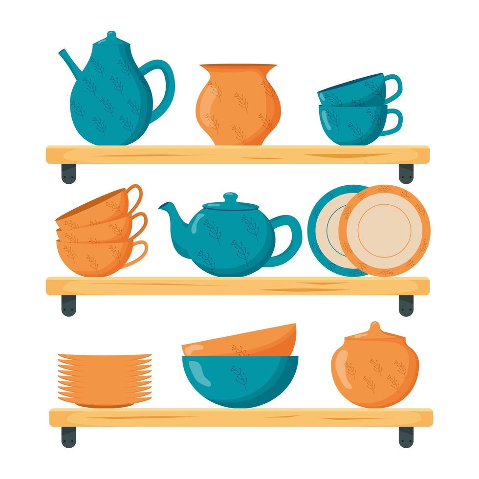 juego de utensilios de cocina de cerámica. lindos platos de cerámica hechos a mano, tazas, azucarero, teteras, platos. herramientas de cocina, cerámica. ilustración vectorial plana vector