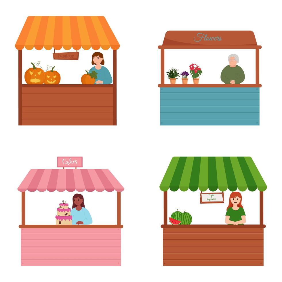 conjunto de contadores de puestos. mostradores del mercado de alimentos con verduras, calabazas, pasteles y flores en los estantes. vector