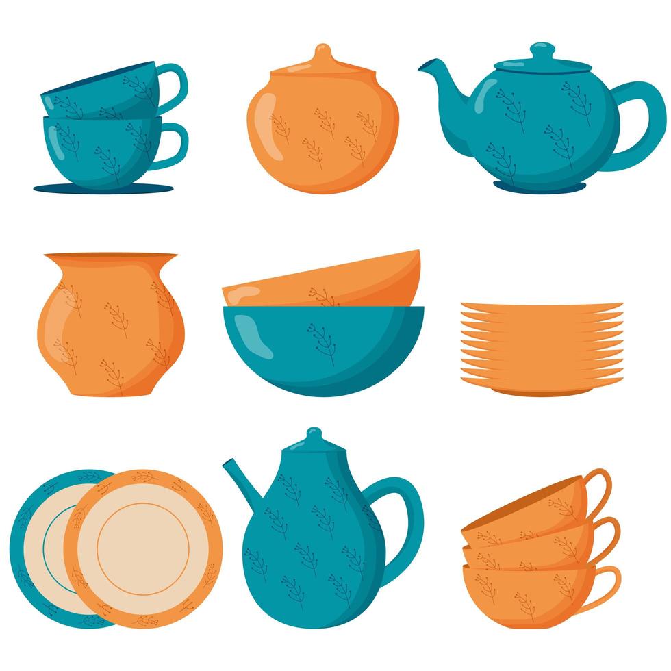 Set ceramic kitchenware. Cute handmade ceramic plates, mugs, sugar bowl, teapots, dishes. Kitchen tools, pottery. Flat vector illustration