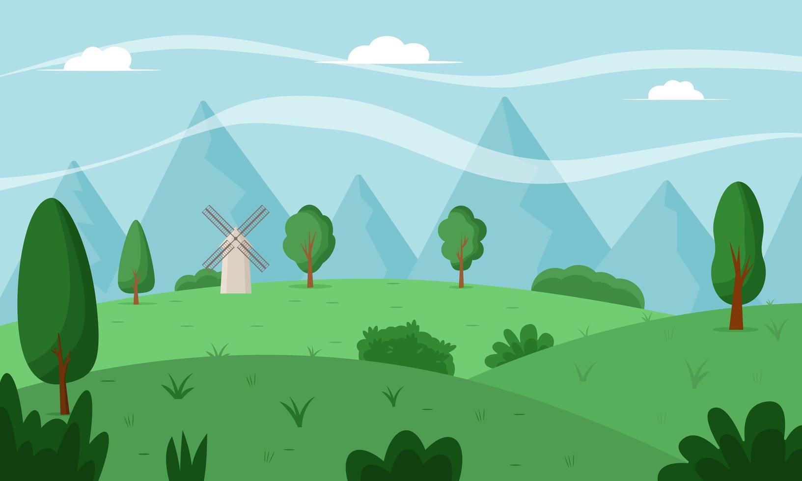 Spring landscape with trees, mountains, windmill, fields. Flat vector illustration
