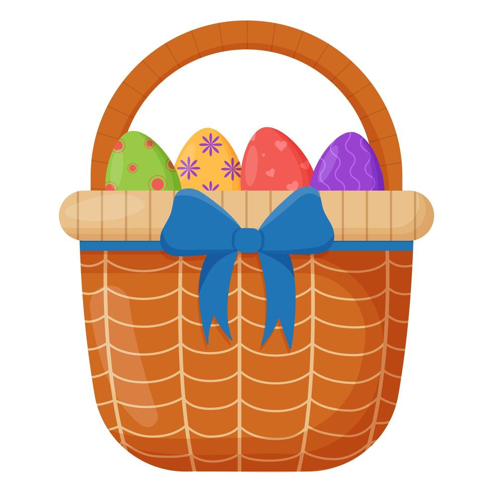 Wicker basket. Wicker basket with Easter eggs for Easter. Wooden accessory for storage or carrying vector