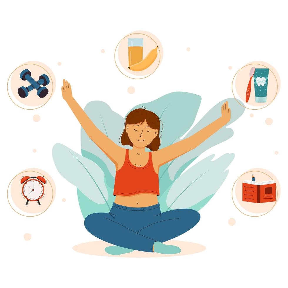 A young girl wakes up and pulls herself up after early wake up. Morning routine fitness, breakfast, bath procedures and day planning. vector