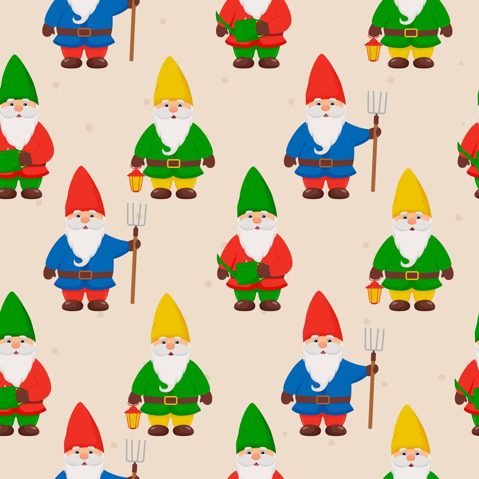 Cute little gnomes seamless pattern. Garden gnomes vector