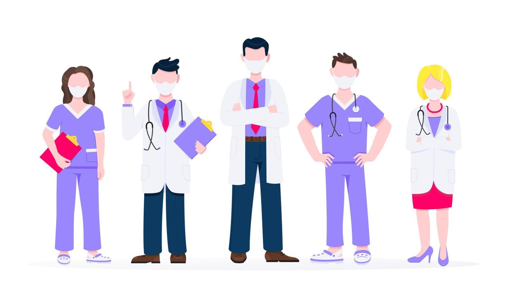 Successful team of medical employee doctors with face masks vector illustration