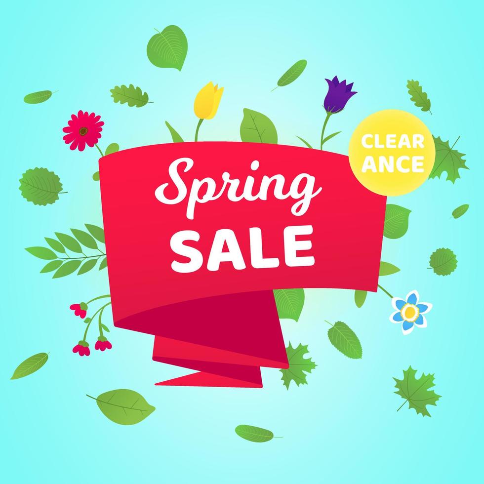 Spring sale vector banner or poster gradient flat style design vector illustration. Huge red ribbon with text SPRING SALE, green leaves and beautiful flowers around isolated on sky background