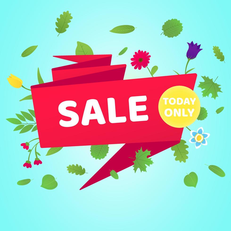 Spring sale vector banner or poster gradient flat style design vector illustration. Huge red ribbon with text SPRING SALE, green leaves and beautiful flowers around isolated on sky background