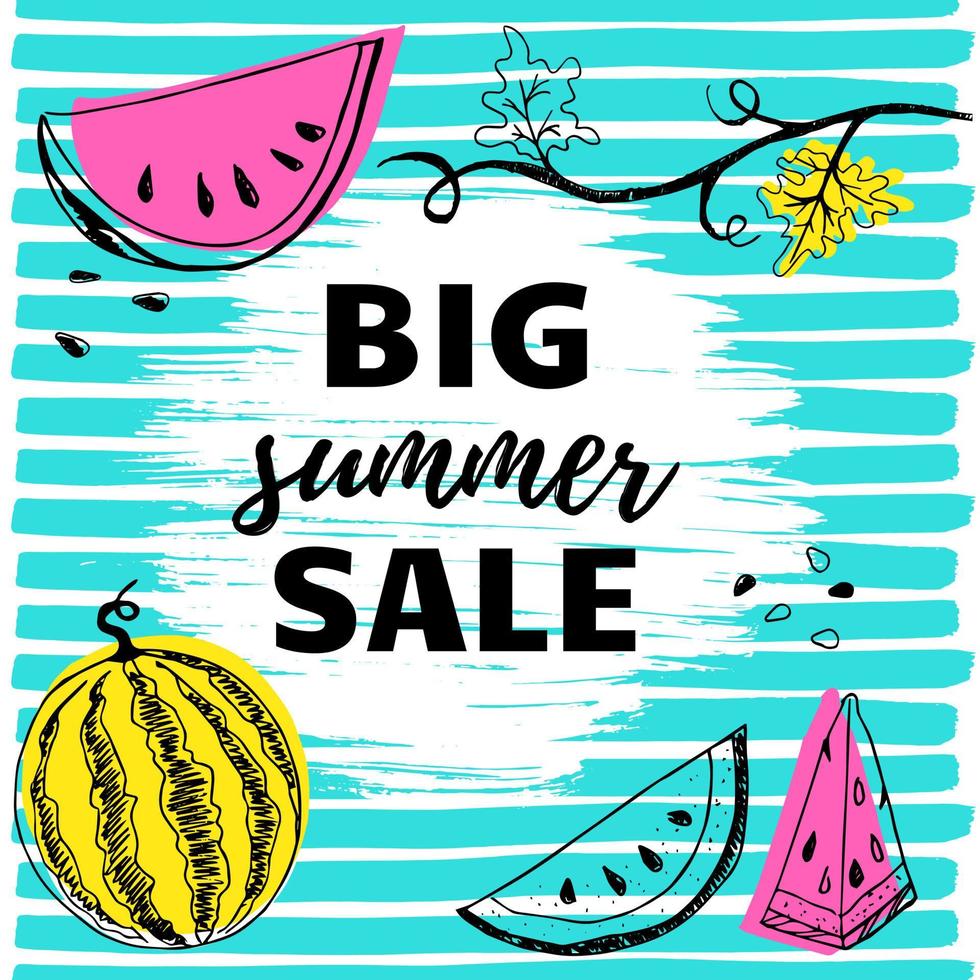 Summer sale offer banner postcard lettering text with hand drawn watermelons and colored shapes vector illustration. Summer sale flyer or banner or leaflet concept template.