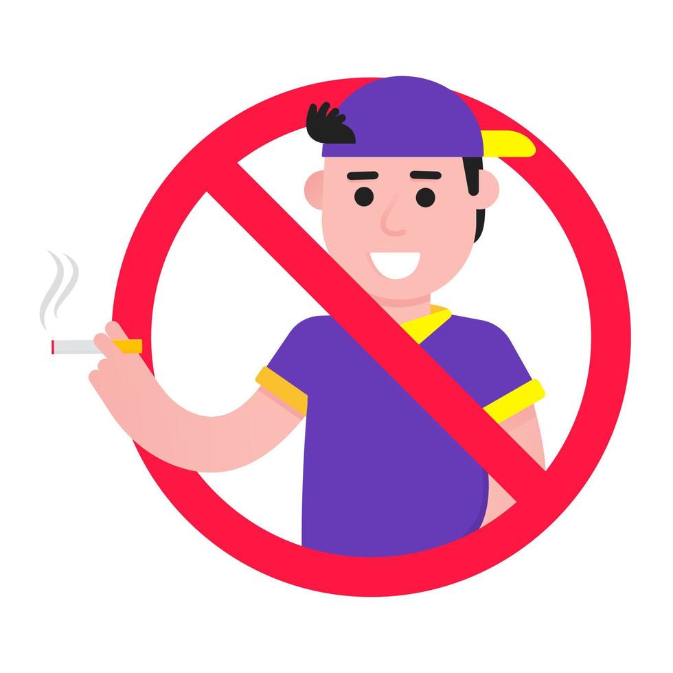 No smoking sign with standing male boy. Forbidden sign icon isolated on white background vector illustration. Boy smokes cigarette, red prohobition circle isolated on white background.