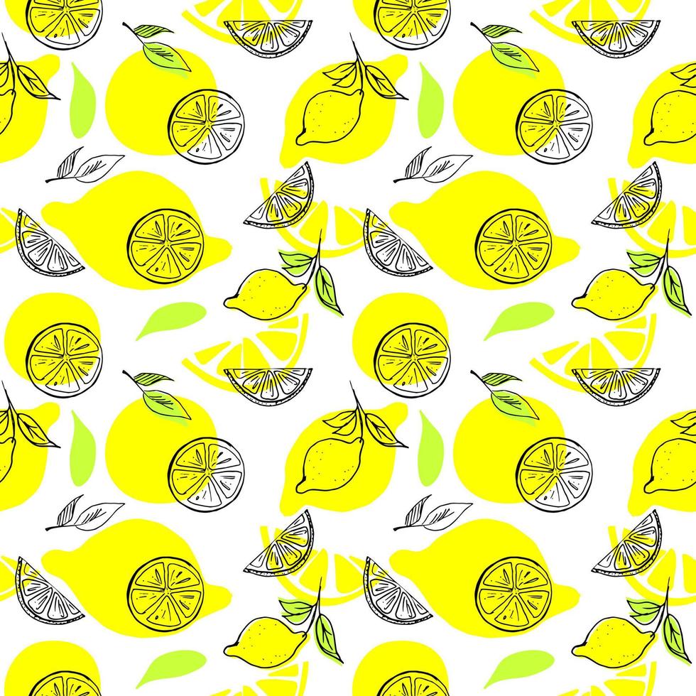 Seamless citrus lemon hand drawn pattern vector illustration isolated on white background. Fruit print, textile pattern or wallpaper with cute elements.