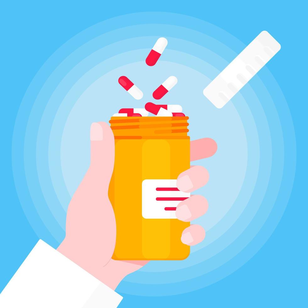 Doctor hand holds pill bottle for capsules or tablets flat style design vector illustration.