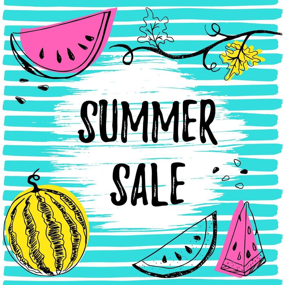 Summer sale offer banner postcard lettering text with hand drawn watermelons and colored shapes vector illustration. Summer sale flyer or banner or leaflet concept template.