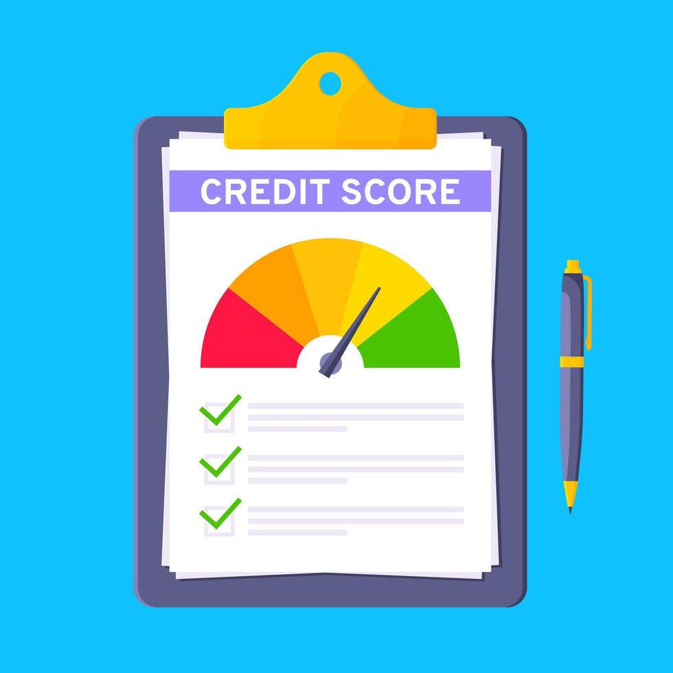 Credit score gauge speedometer indicator with color levels on clipboard. vector