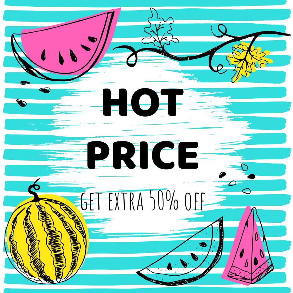 Summer sale offer banner postcard lettering text with hand drawn watermelons and colored shapes vector illustration. Summer sale flyer or banner or leaflet concept template.