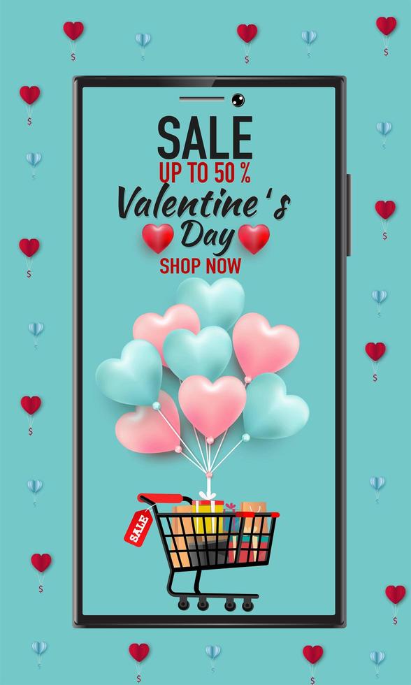 Happy Valentine's day  Sale banner or Promotion on blue background. Online shopping store with mobile , credit cards and shop elements. Vector illustration.