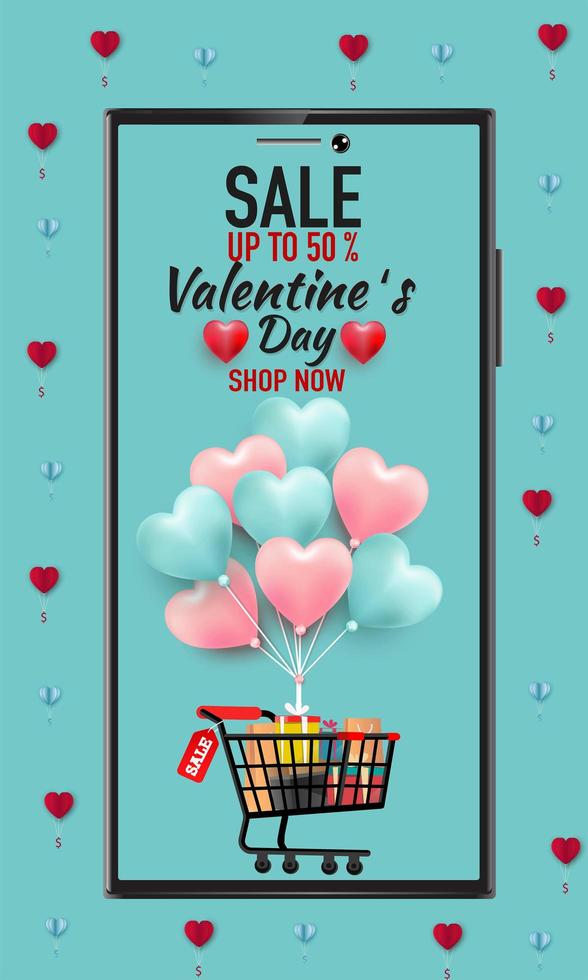 banner de venta de feliz día de san valentín o promoción sobre fondo azul. tienda de compras en línea con dispositivos móviles, tarjetas de crédito y elementos de tienda. ilustración vectorial vector