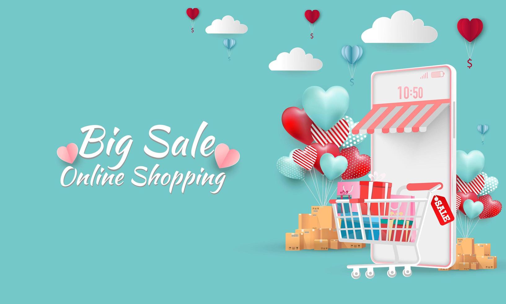 banner de venta de feliz día de san valentín o promoción sobre fondo azul. tienda de compras en línea con dispositivos móviles, tarjetas de crédito y elementos de tienda. ilustración vectorial vector