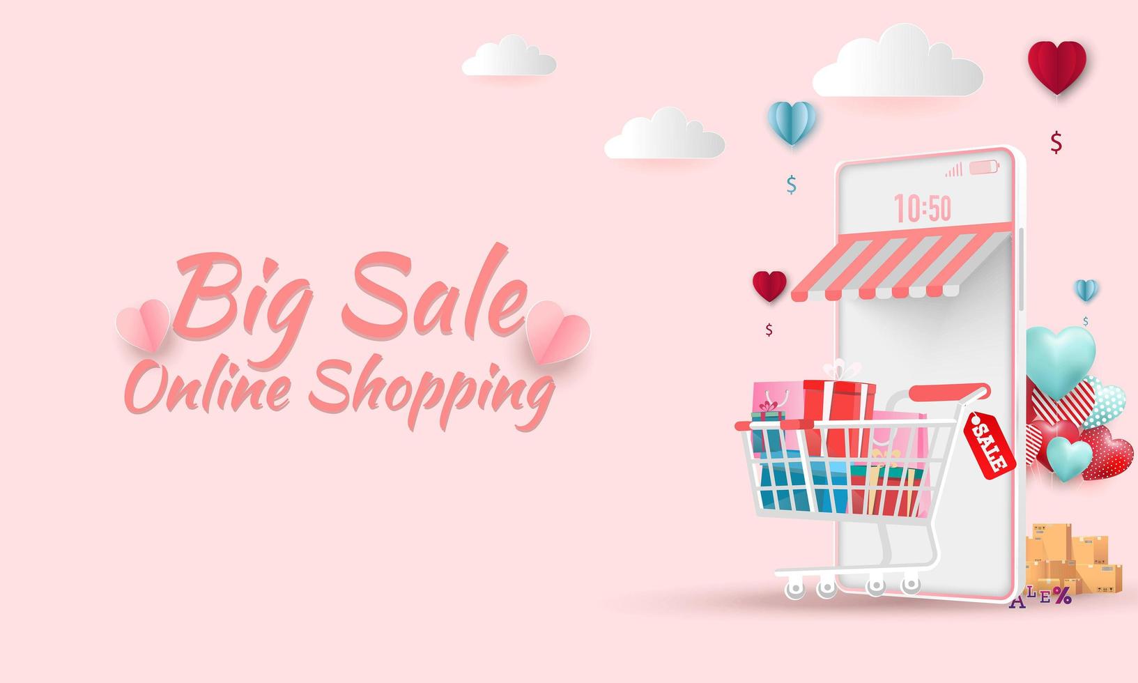 Happy Valentine's day  Sale banner or Promotion on blue background. Online shopping store with mobile , credit cards and shop elements. Vector illustration.