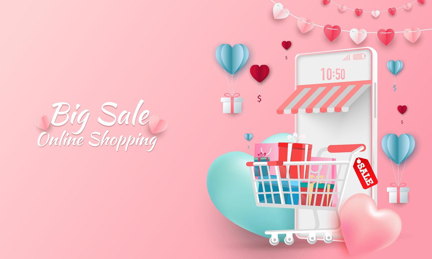 banner de venta de feliz día de san valentín o promoción sobre fondo azul. tienda de compras en línea con dispositivos móviles, tarjetas de crédito y elementos de tienda. ilustración vectorial vector