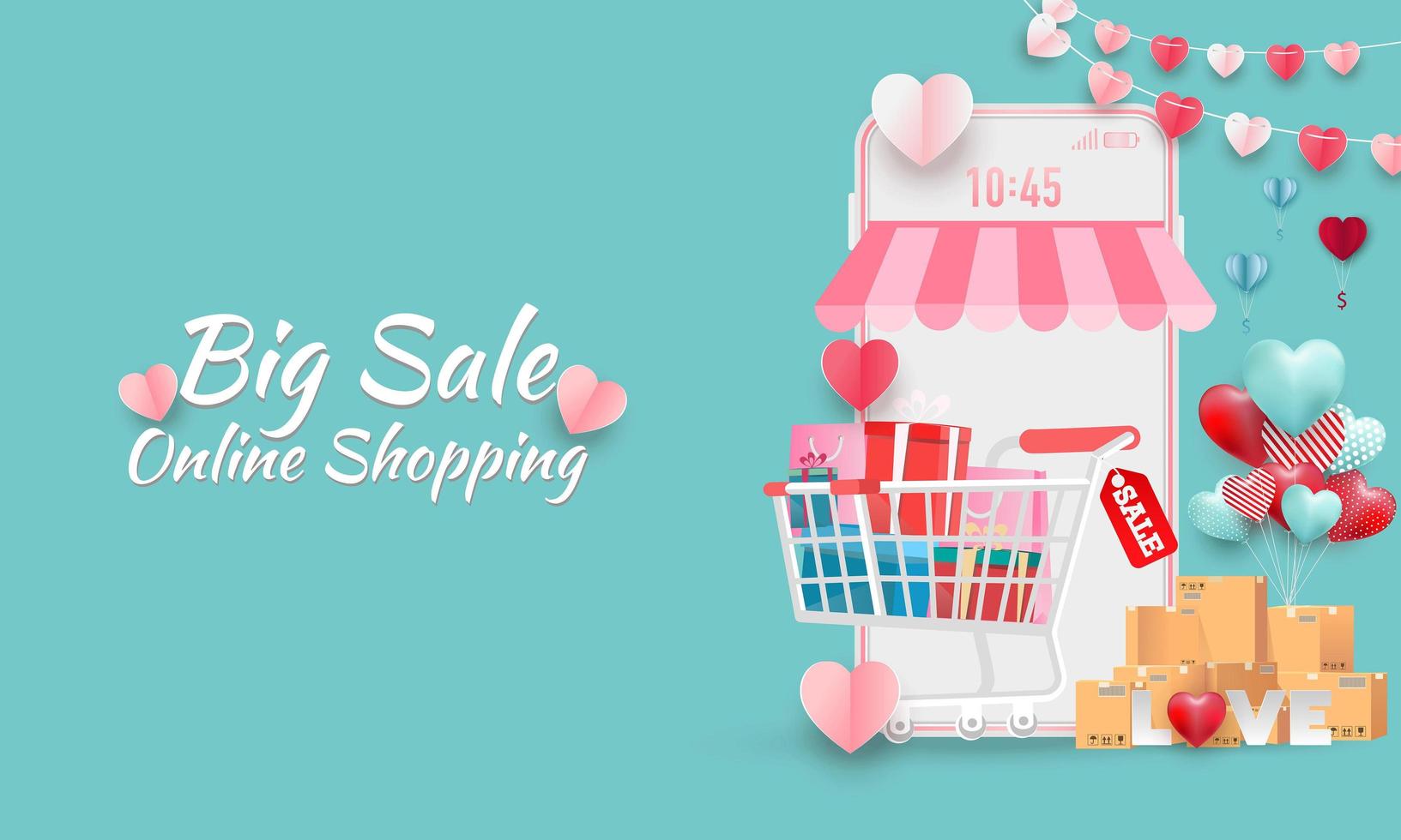 Happy Valentine's day  Sale banner or Promotion on blue background. Online shopping store with mobile , credit cards and shop elements. Vector illustration.