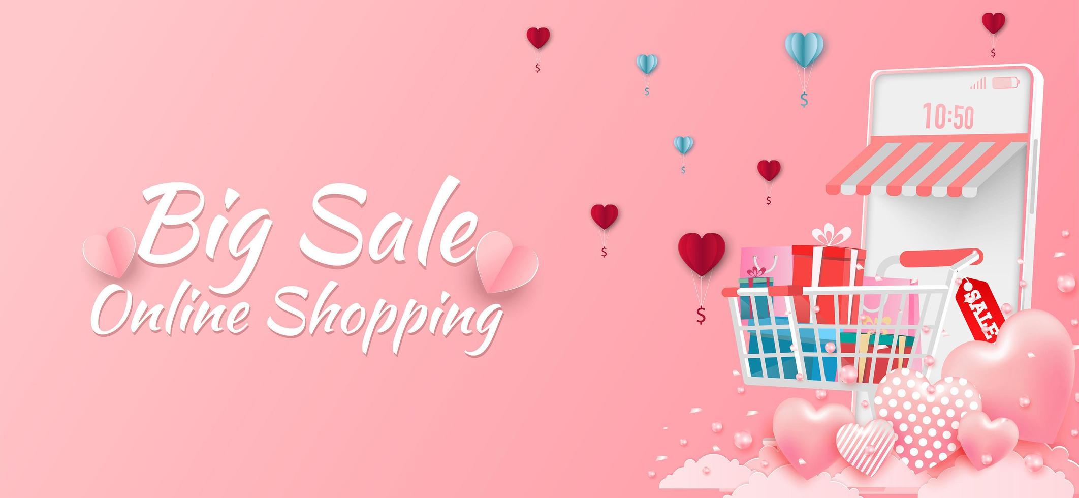 banner de venta de feliz día de san valentín o promoción sobre fondo azul. tienda de compras en línea con dispositivos móviles, tarjetas de crédito y elementos de tienda. ilustración vectorial vector