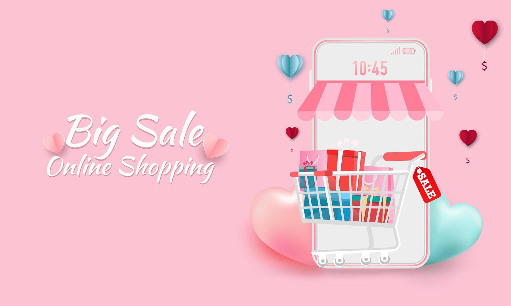 Happy Valentine's day  Sale banner or Promotion on blue background. Online shopping store with mobile , credit cards and shop elements. Vector illustration.