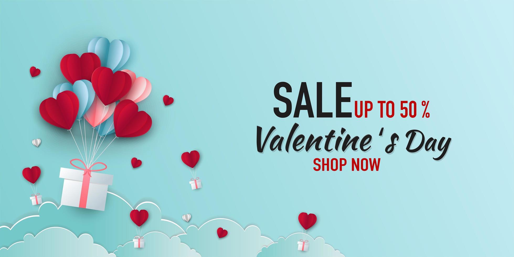 illustration of love and valentine day with heart baloon, gift and clouds. Paper cut style. Vector illustration