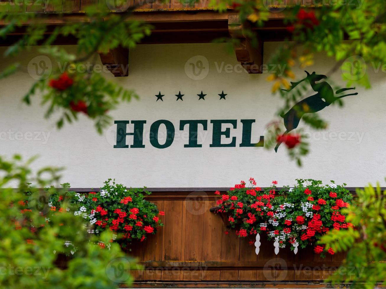 Potted flowers on balconies and terraces of wooden Austrian chalets in the small village of Grossarl. Classical tourism to Austria. Beauty, comfort and harmony. Clean air and quiet life in the Alps. photo