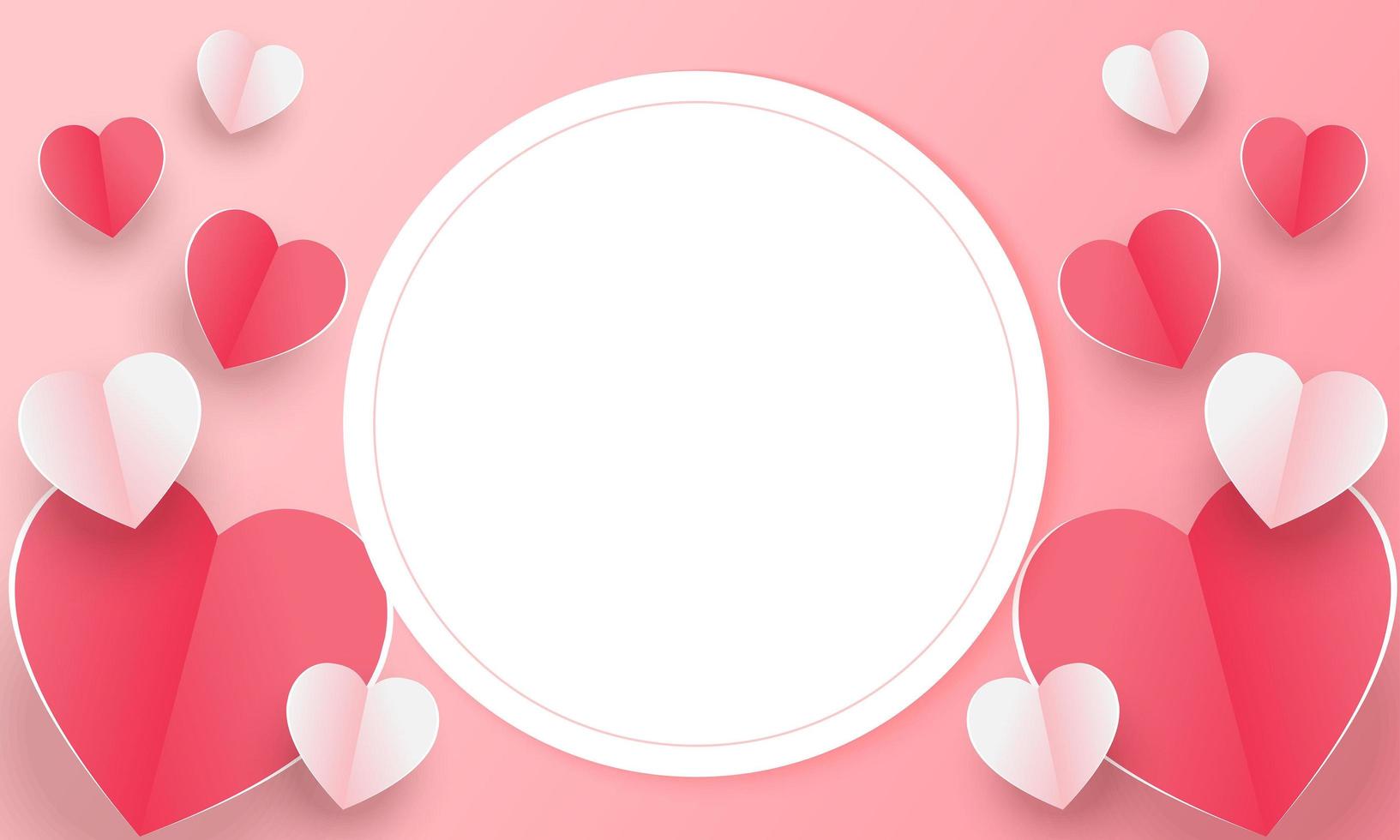 Valentine's day concept background. Vector illustration. 3d red and pink paper hearts with white square frame. Cute love sale banner or greeting card