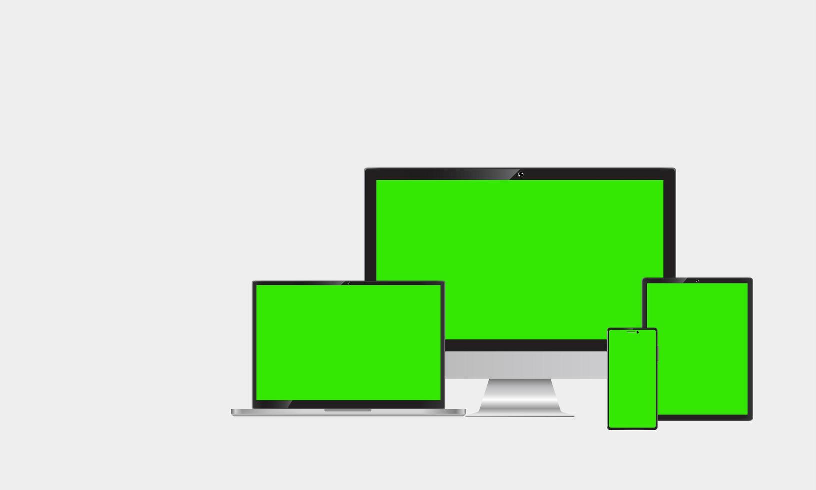 Set of realistic computer monitors, laptops, tablets and mobile phones. Electronic gadgets on white background.Green screen. Vector mobile device concept.