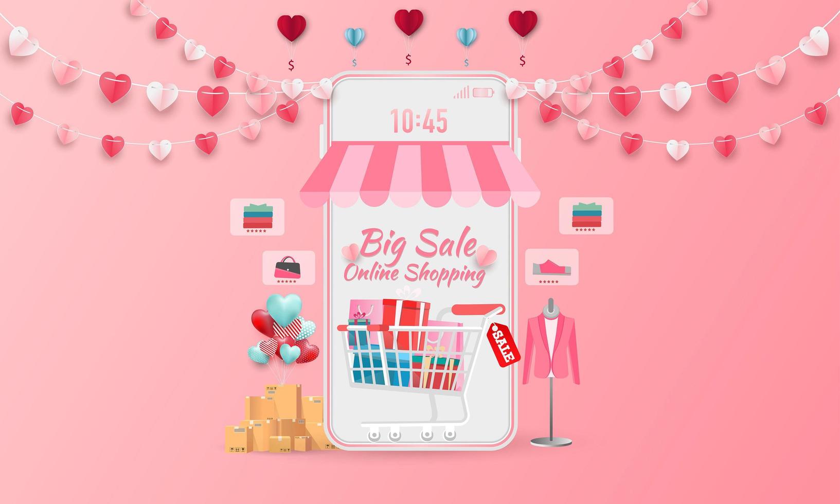 banner de venta de feliz día de san valentín o promoción sobre fondo azul. tienda de compras en línea con dispositivos móviles, tarjetas de crédito y elementos de tienda. ilustración vectorial vector