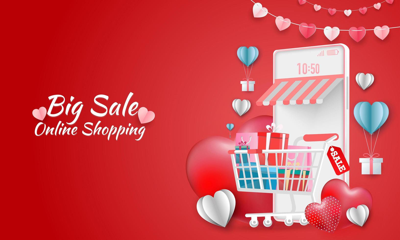 banner de venta de feliz día de san valentín o promoción sobre fondo azul. tienda de compras en línea con dispositivos móviles, tarjetas de crédito y elementos de tienda. ilustración vectorial vector