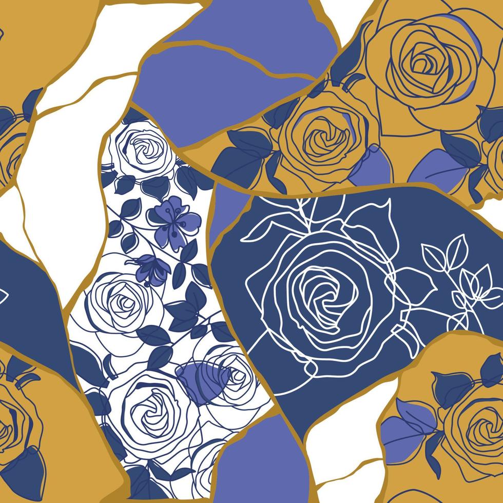 impresión de vector de mosaico de tela de patrones sin fisuras de rosas. kintsugi arte japonés de restauración con grietas en las costuras. Estampado en color tendencia muy peri dorado.