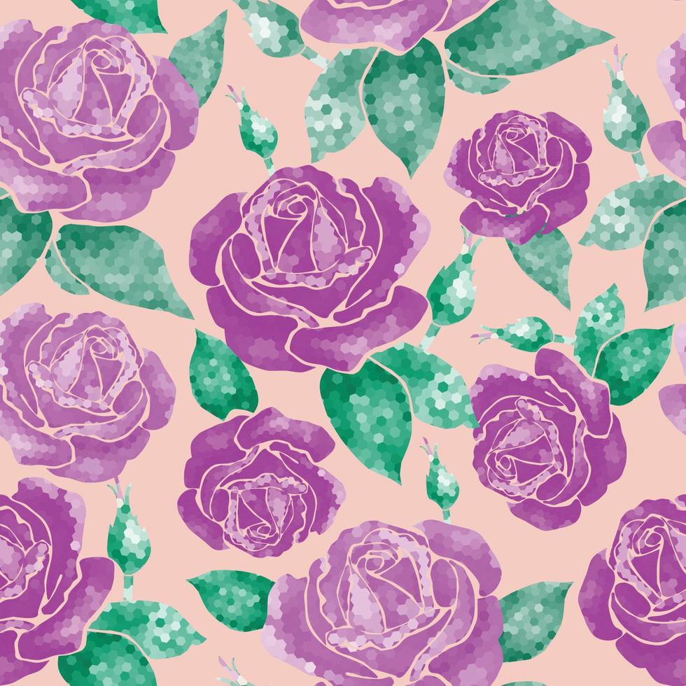 Seamless pattern pattern with roses geometric style purple flowers with buds on a peach background. The fabric is fashionable with trend pattern. vector