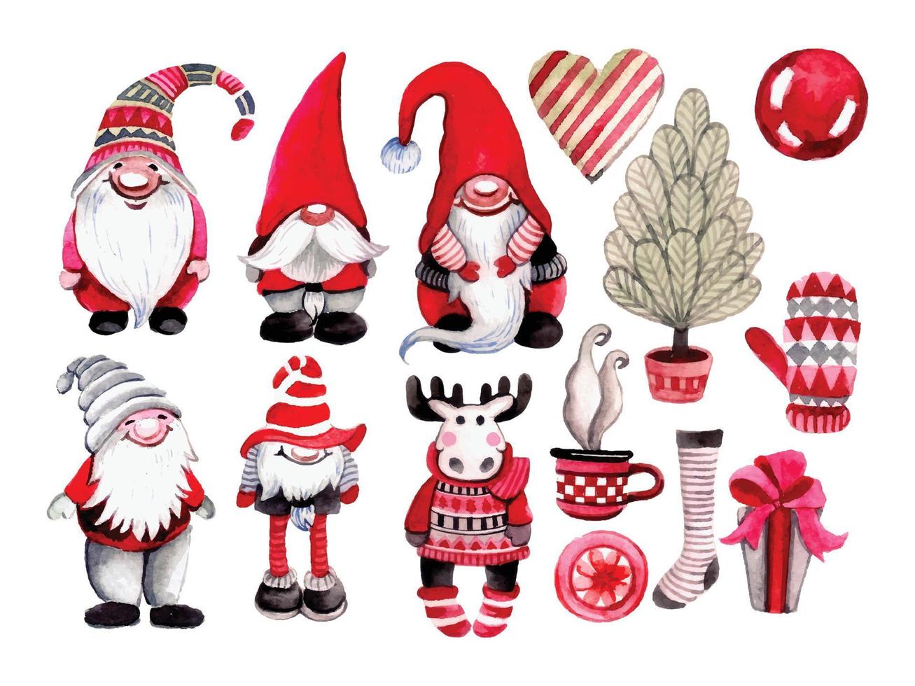 Watercolor Christmas Gnomes Clipart vector