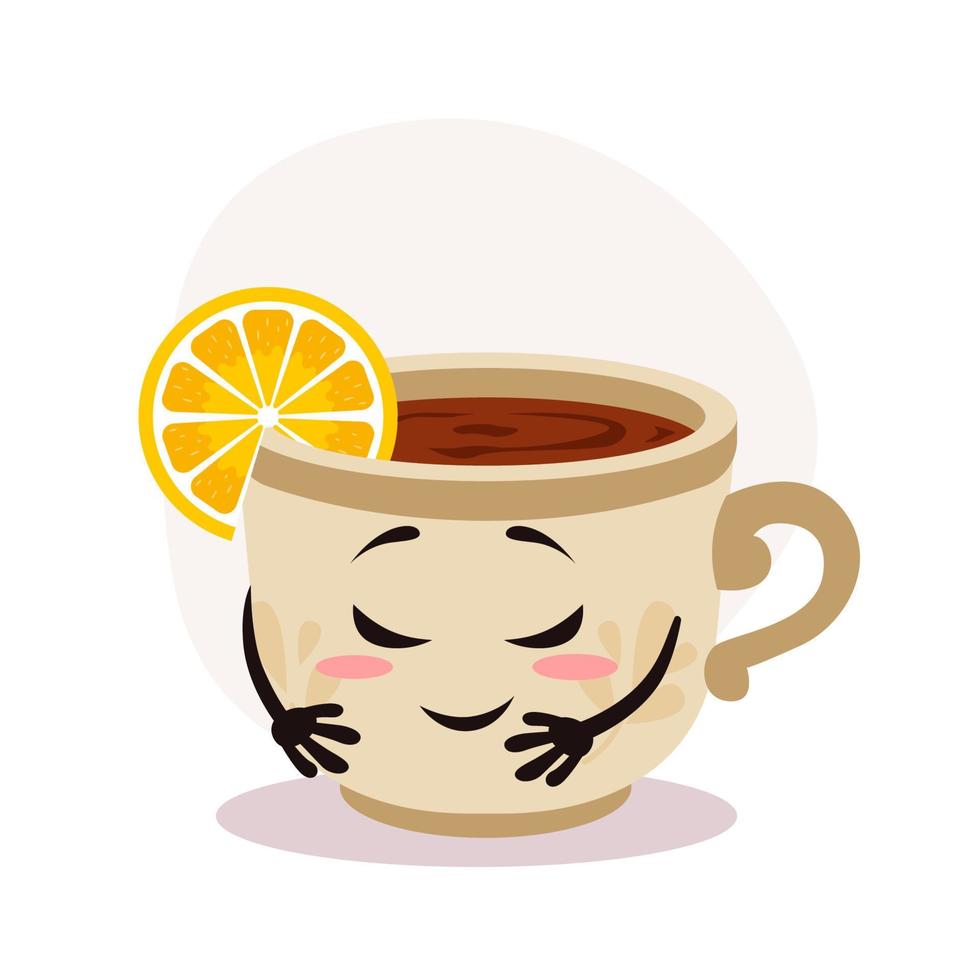 Vector white tea cup with hot drink. Tea with lemon piece. Shy cartoon character with print on surface