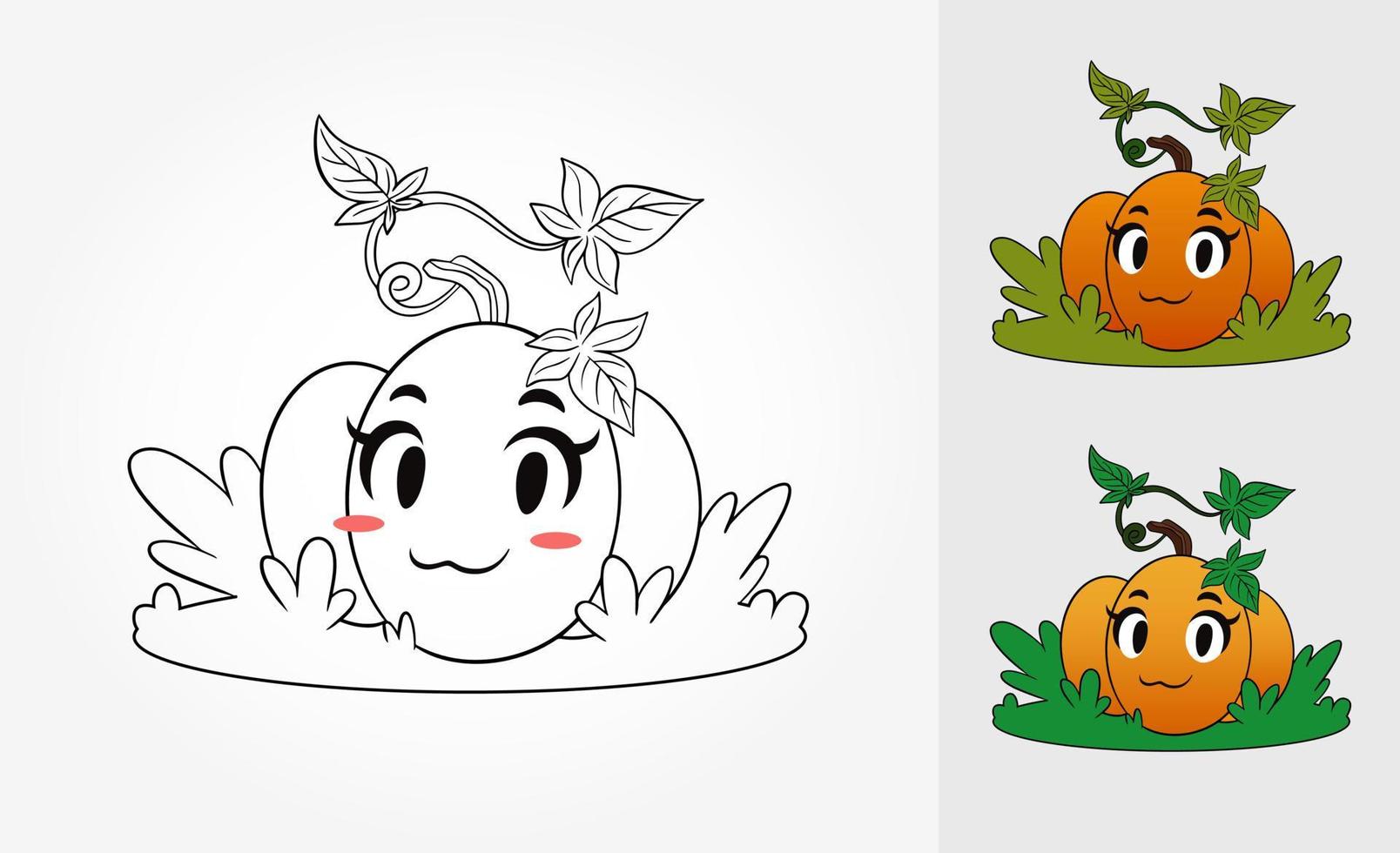 página de coloreado vectorial con calabaza graciosa parada en la hierba. ejemplos de esquemas de color vector