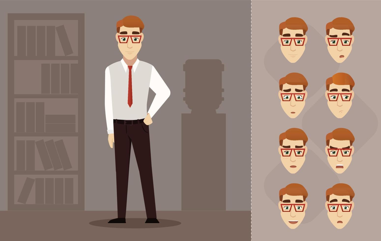 joven apuesto hombre de negocios con gafas rojas. ilustración plana con hombres en el cargo. conjunto de emociones del personaje vector