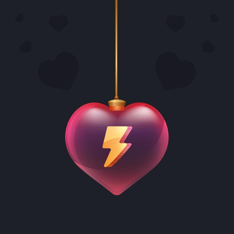 Red glass heart with a 3D lightning icon inside. Valentine day decoration element for design card, invintation or any advertising vector