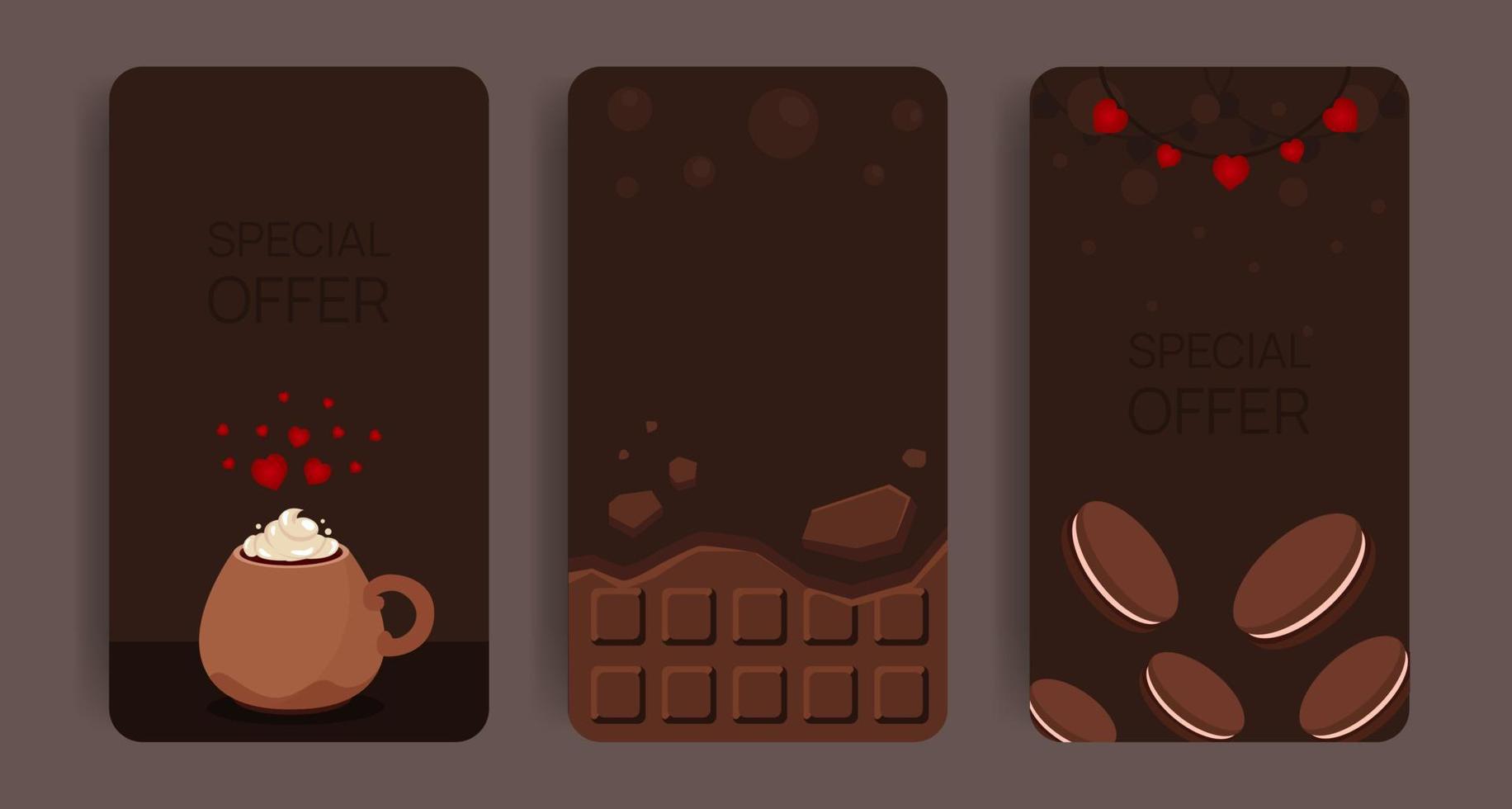 Set of vertical banners with chocolate and big hot drink cup. Valentines flyer design. Advertisign template. Stories desing pack. Heart decorations vector