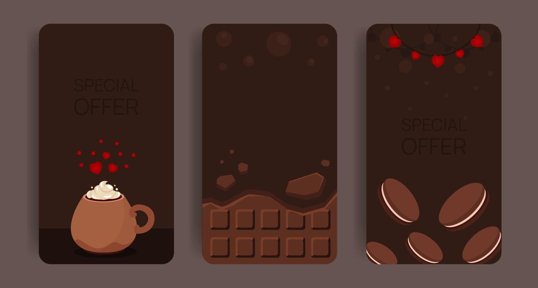 conjunto de pancartas verticales con chocolate y una gran taza de bebida caliente. diseño de volante de San Valentín. plantilla de publicidad. Pack de diseño de cuentos. decoraciones de corazon vector