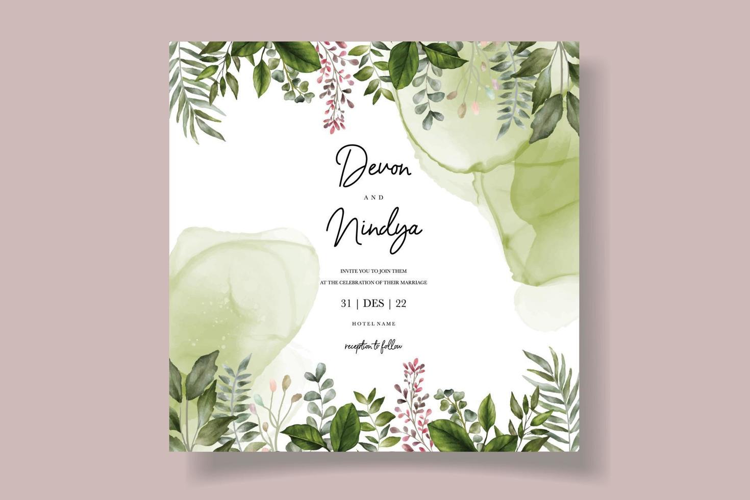 wedding invitation card with beautiful watercolor green leaf decoration vector